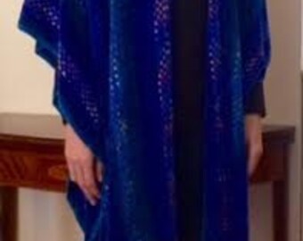 Handwoven Blue Purple Poncho Ruana Wrap with Pointed Back