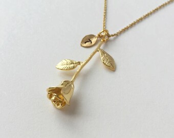 Rose Necklace, rose flower leaf, Anniversary Gift, Personalized Bridesmaid gift, Initial Necklace, Valentine Gift,Lovely Flower, Lovers gift