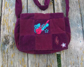 Purple Red Recycled Corduroy Crossbody Purse Guitar Patch Long Strap Rock N Roll Ready To ship