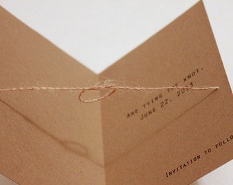 50 Rustic Save the Date with Kraft Envelopes, Tying the Knot Save the Date Card, Burlap Save the Date Card