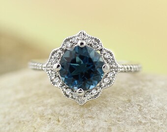 AAA London Blue Topaz Engagement Ring Diamond Wedding Ring Vintage Floral Ring In 14k White Gold Gem1224