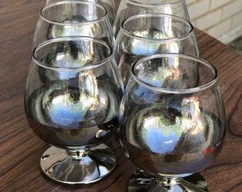 Set of 6 vintage silver ombre stemmed brandy snifters - Drink glasses - Vitreon Queen's Lustreware - Mercury Fade - 1960s barware