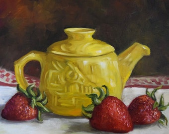 Canvas Still Life Oil Painting Yellow Tea Pot And Strawberries,Kitchen Canvas Original Oil Painting by Cheri Wollenberg