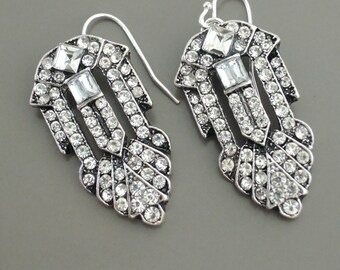Art Deco Earrings - Crystal Earrings - Antiqued Silver Earrings - Bridal Earrings - Bridesmaid Earrings