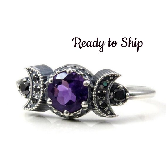 Ready to Ship Size 8.5-10.5 - Triple Moon Ring - Sterling Silver, Amethyst and Black Diamond Engagement