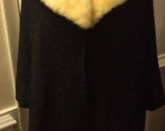 Cashmere & Fur Swing Coat Union Made Jackie-O Large Wrap Vintage Winter 50s Outerwear Jacket Textured Black Movie Star 60s Cosplay Womens