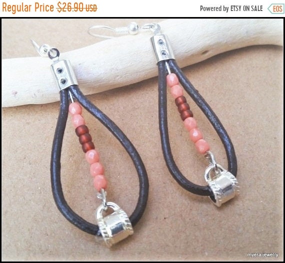 SALE Leather Teardrop Earrings, Leather Hoop Earrings, Large Dangle Earrings, Fall colors Earrings, Peach Earrings, Womens Ball Earrings