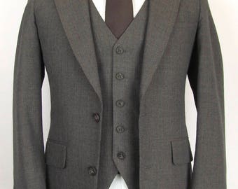 Vintage Sasson Mod Indie Brown Pinstripe Wool 3 Piece Suit Vested Slimfit 36 R Flat Front 29 x 30 EUC Wedding Christmas Holiday Menswear