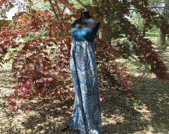 VINTAGE BOHO MAXI, long flowy Hippie dress, strapless festival maxi, Gray & Blue Floral Print Gauze, vintage 90s grunge bohemian dress, M/Lg