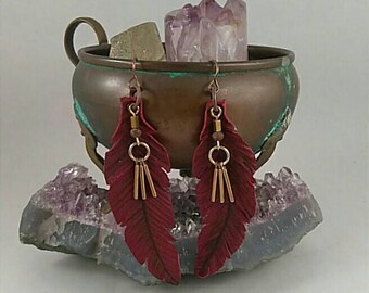 Beeju Single Leather Earrings|Large|Leather Feather|Hand Crafted|Gypsy|Boho|Up-cycled|Handmade Jewelry