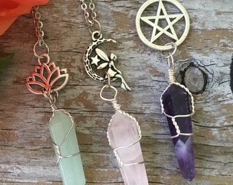 Crystal Fairy Necklace/ Wrapped Crystal Necklace/ Lotus Crystal Necklace/ Crystal Pentacle Necklace/ Wrapped Crystals/ Gemstone Necklace