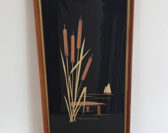 Mid century 50's 60's image with straw motif in a wooden frame