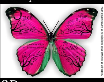 Personalised Name, Clear Acetate Plastic 3D Butterflies, Princess, Girl's bedroom, nursery decor. 12.9cm wingspan. 4 x pack sizes available