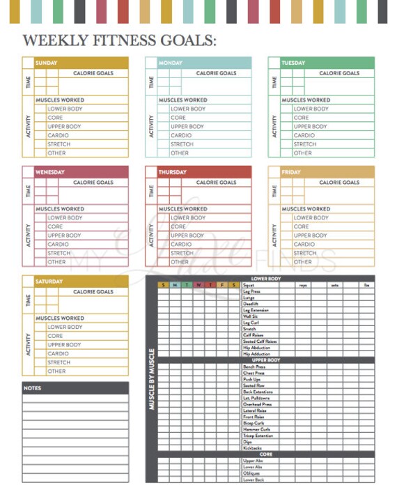 Weekly Fitness Goals Workout Checklist Printable PDF