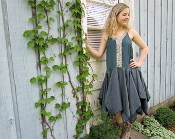 Lagoon Blue Beaded Upcycled Bohemian Dress// Medium// Reconstructed Dress// emmevielle