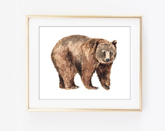 Grizzly Bear Watercolor Art Poster Print North American Hunting Wall Brown Decor Rustic Cabin W61