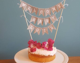Personalised baby shower cake topper, welcome baby cake bunting, custom cake bunting, burlap cake topper, personalised cake topper bunting.