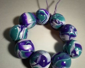 Polymer clay round beads, purple and turquoise beads,mokume gane beads, polymer clay, handmade, purple, turquoise, round beads