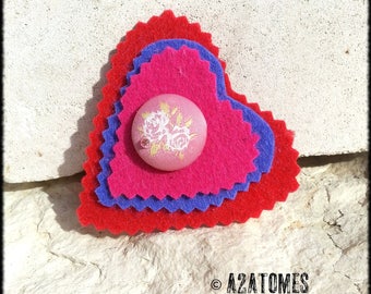 Women brooch pink red blue pink felt button heart