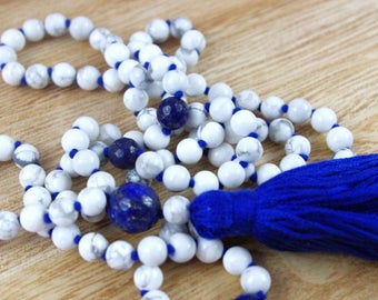 Howlite Knotted Mala Beads // 6mm // Tassel Mala Necklace // Hand Knotted 108 Bead Mala // Prayer Beads // Yoga Jewelry Gift