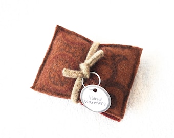 Pocket Hand Warmers Wool RUST ORANGE & BROWN Eco Friendly Gift Portable Heat Reusable Handwarmers Coworker Gift Under 10 by WormeWoole