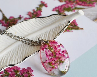 Real flower jewelry - Mom gift gift for her pressed flower pink heather flower nature Necklace- flower jewelry, Mothers day necklace