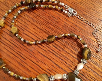 Beaded tigers eye , pewter and mother of pearl necklace 20 inches