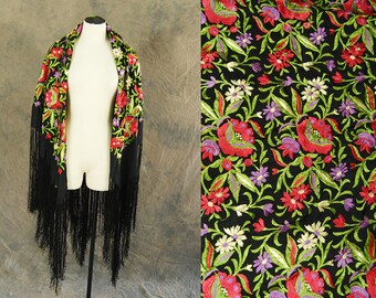 antique 20s 30s Piano Shawl - vintage 1920s Huge Embroidered Black Silk Shawl Fringe Scarf Flapper Shawl Sz S M L