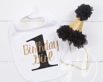 First Birthday Bib & Party Hat, Black and Gold Princess Hat, First Birthday Set