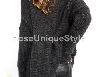 Oversized , Chunky knit woman sweater. Slouchy/Bulky / Loose knit sweater. Black/ Charcoal grey.