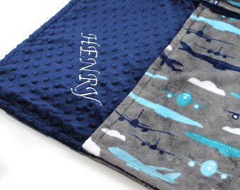 Airplanes Personalized Baby Blanket, Baby Gift, Minky Baby Blanket Boy, Gray Blue Plane Baby Blanket, Name Baby Blanket, Baby Gift, Baby Boy