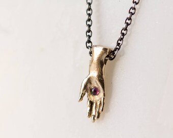 N E W : Open Hand Necklace in solid 14k yellow gold with Ruby / Gold Hand charm / Hand amulet / Palmistry Hand /
