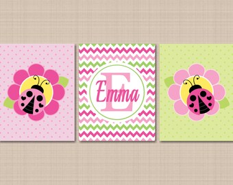 Ladybug Nursery Wall Art,Pink Ladybug Wall Art,Ladybug Monogramm Nursery Wall Art,Lil Ladybug Pink Green Nursery Decor-UNFRAMED Set 3 C194