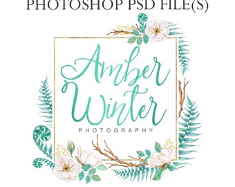 Turquoise watercolor wreath logo, blue foil logo, photography logo, bohemian logo, green floral logo boho logo design watercolor photography