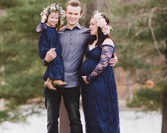 Mommy and daughter set navy lace dress with lining/flow effect/maternity dress/wedding gown/bridal gown/prom/senior photo