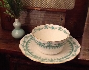 Antique R&D Redfern and Drakeford Bone China Serving Bowl and Plate Green Transferware Early 1900s
