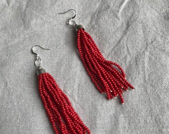 Red Beaded Chandelier Earrings