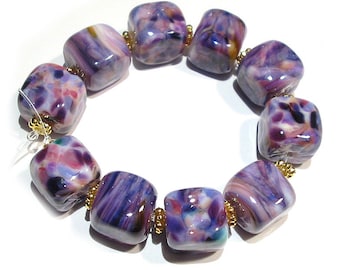 SRA Handmade Glass Lampwork Beads, Purple Leopard Cubes