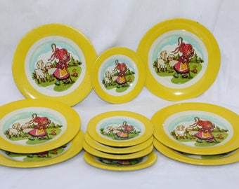 Vintage Metal Play Dishes Little Bo Peep 11 Pieces Plates & Saucers