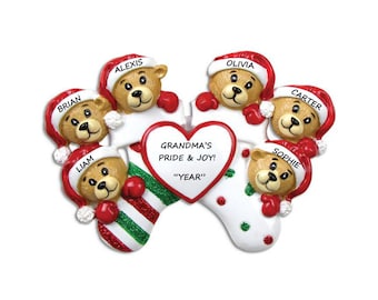 Personalized Grandma/Grandpa's Ornament with 6 Grandkids - Personalized Stocking Bear Family of 6 - Grandparents Ornament 6 Grandkids