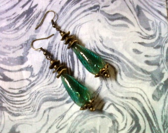 Blue Green and Brass Earrings (1486)