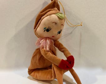 Vintage Christmas Pixie, Knee Hugger Elf, Velvet Pixie, Yarn Hair, 6 inches, Shelf Sitter, Christmas Decor, Mid Century Pixie, Japan, 1950s