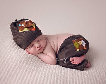 Newborn boy pant set, newborn photo prop, photography prop, pant and hat for newborn boy, brown baby pant set, newborn pant set