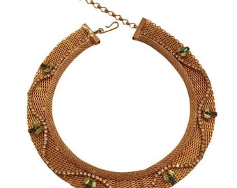Vintage Hobe Gold Mesh Rhinestone Collar Necklace