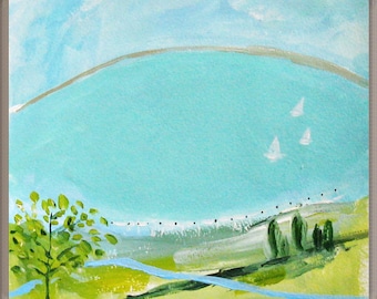 Original painting, landscape, Lake with sailboats, acrylic on paper