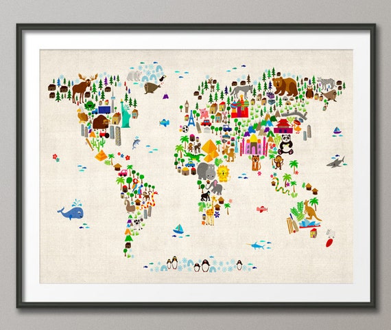 animal map of the world map for children and kids art print