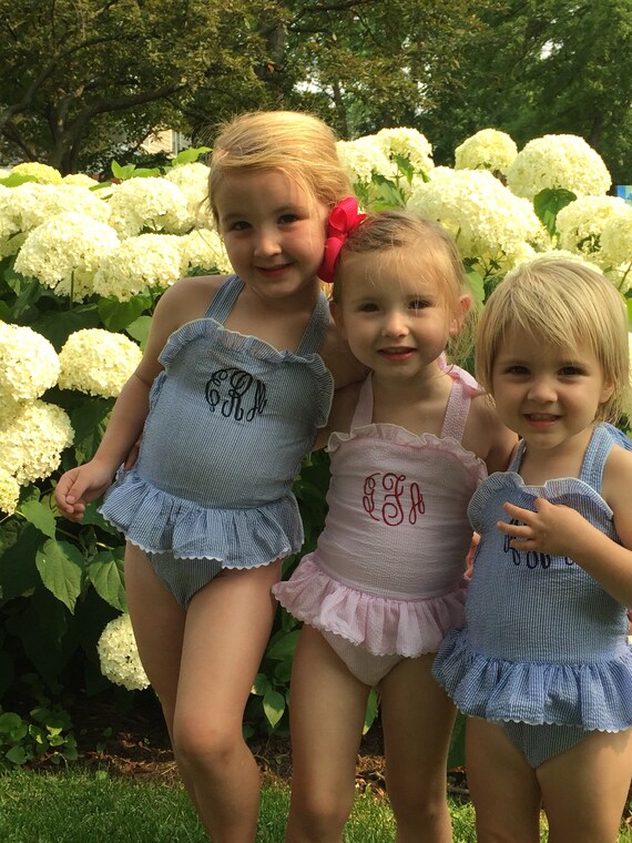 Monogrammed Seersucker Girls Swimsuits