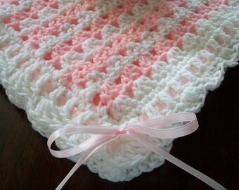 White Crochet Baby Blanket, White Crochet Baby Afghan, Pink Handmade Baby Blanket, Pink Baby Blanket, Pink and White Newborn Blanket
