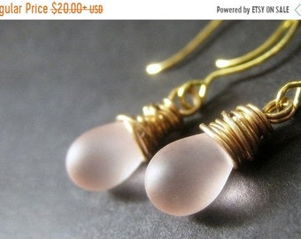 SUMMER SALE Satin Pink Earrings, Gold Wire Wrapped Teardrop Earrings. Handmade Jewelry by Gilliauna