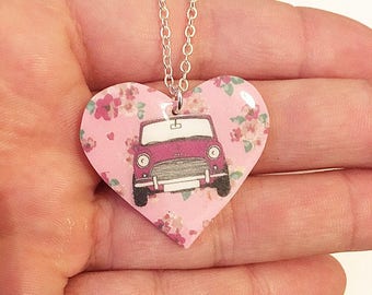 Classic Mini Cooper floral heart necklace